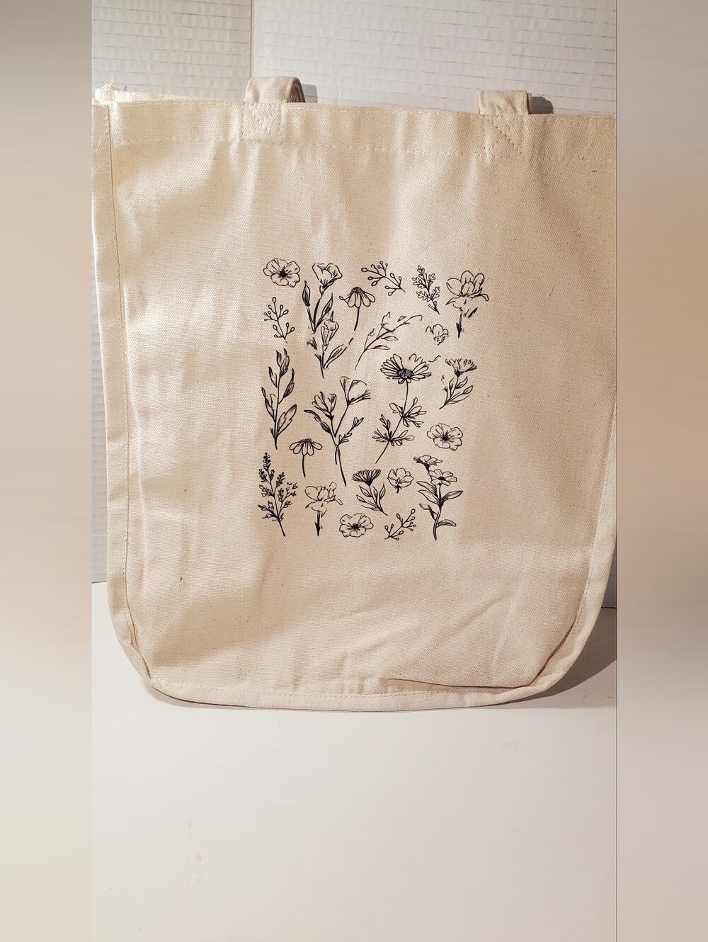 Floral Canvas Tote Bag in Natural with Black Print